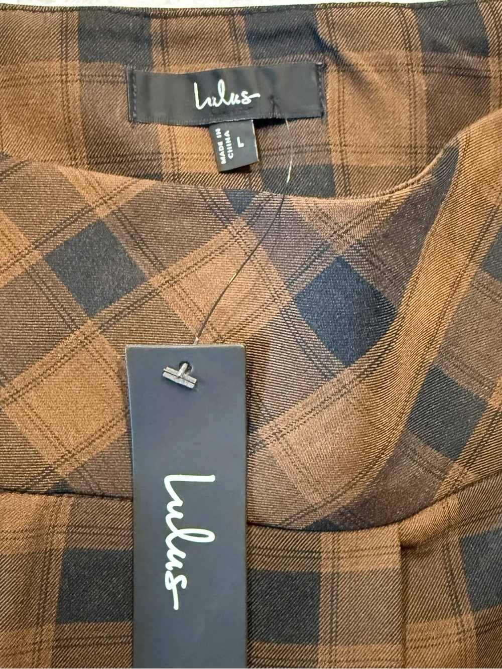 NWT Lulus Firah Brown and Black Plaid Pleated Mid-Rise Mini Skirt Size Large